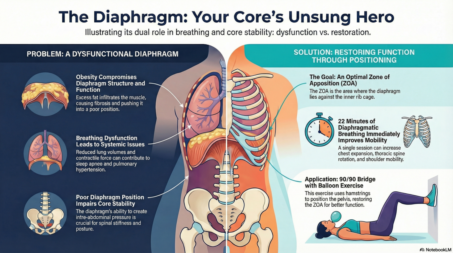 Infographic showing the diaphragm as a systems-connector muscle, including anatomy, Zone of Apposition, physiological systems integration, mechanobiology, and clinical context